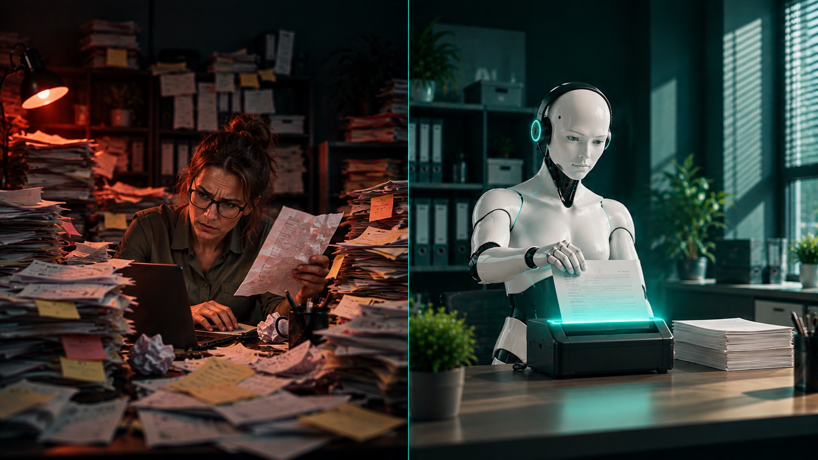 Links ein Schreibtisch voller Belege, rechts der Beleg im Scanner und der Vorgang, der sich automatisch anlegt.